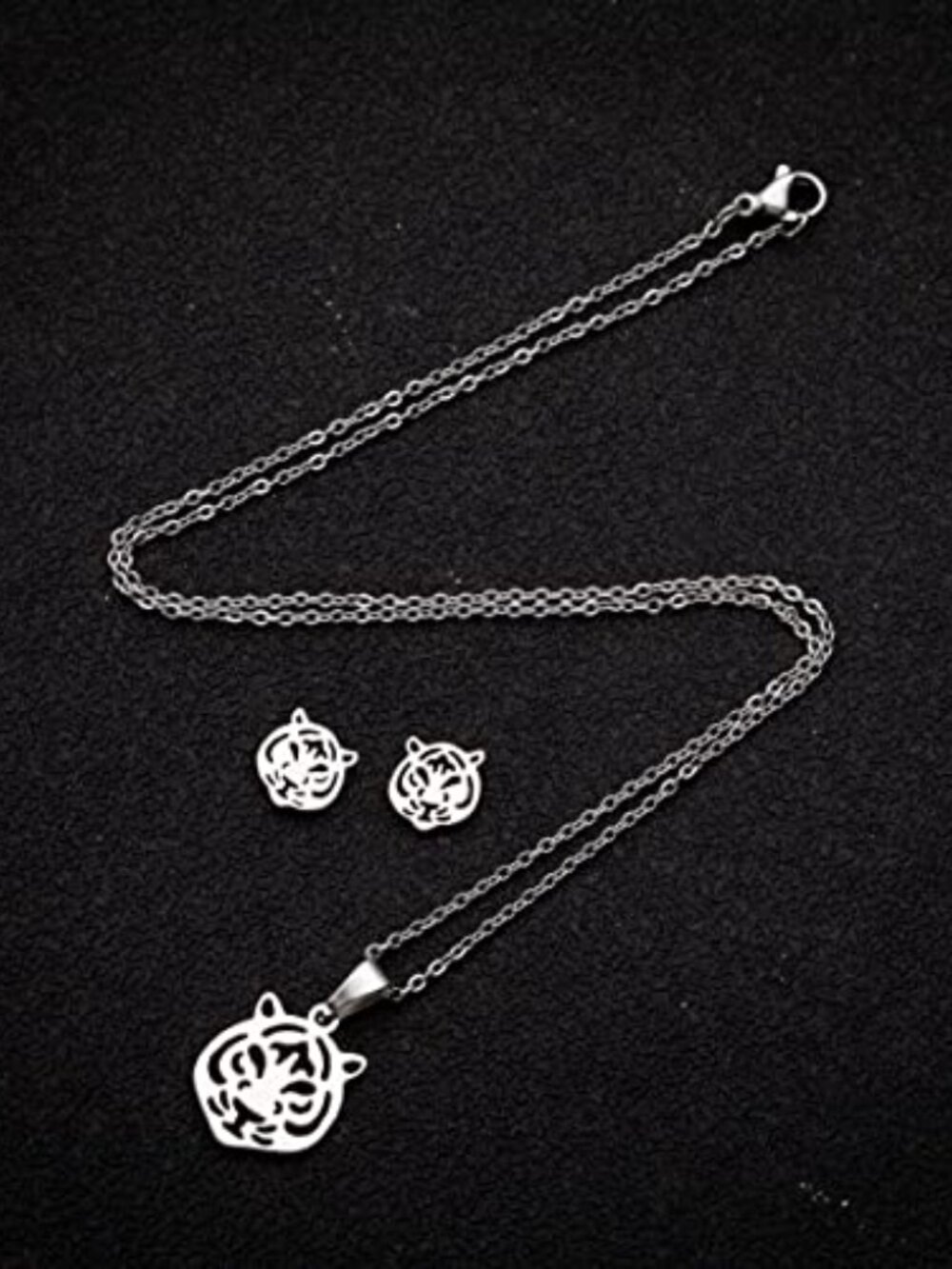 New - 2Pairs Tiger Head Stud Earrings Necklace Set for‎ Women Cute - Picture 2 of 2